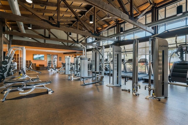 gym with high vaulted ceiling and a wealth of natural light