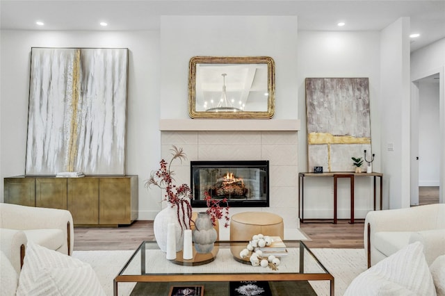 360 Judy Dr, Dripping Springs, TX 78620 - living area featuring a fireplace, recessed lighting, and wood finished floors
