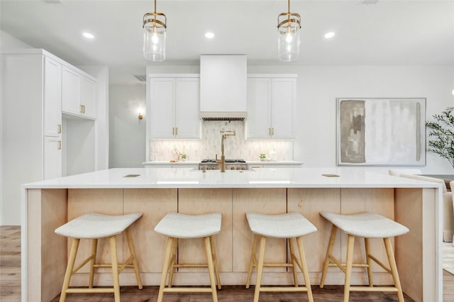 360 Judy Dr, Dripping Springs, TX 78620 - kitchen featuring white cabinetry, light wood-style flooring, custom range hood, and backsplash