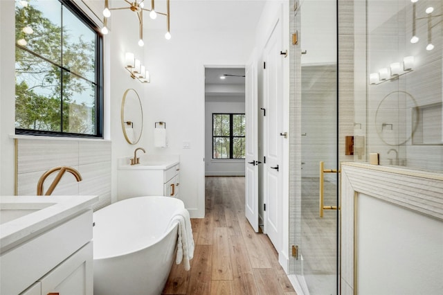 360 Judy Dr, Dripping Springs, TX 78620 - full bathroom with a sink, wood finished floors, a shower stall, a soaking tub, and two vanities