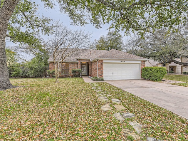 view of front of property featuring a garage, brick siding, a shingled roof, concrete driveway, and a front yard