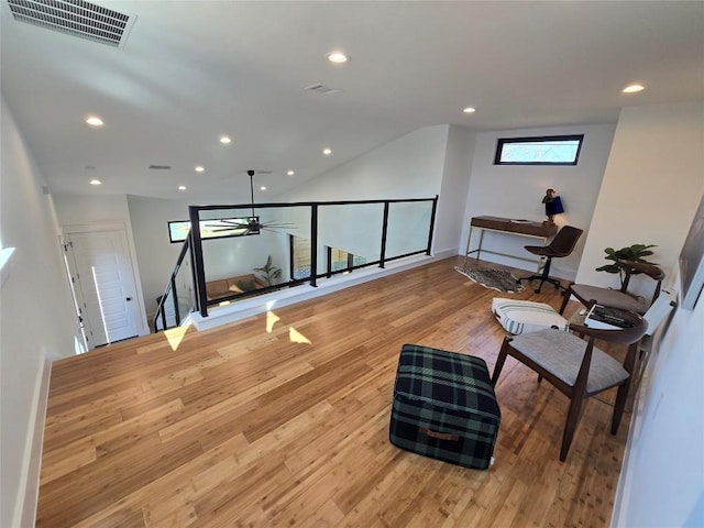 5305 Grover Ave Unit 2, Austin, TX 78756 - living area featuring light wood-style floors, ceiling fan, and recessed lighting