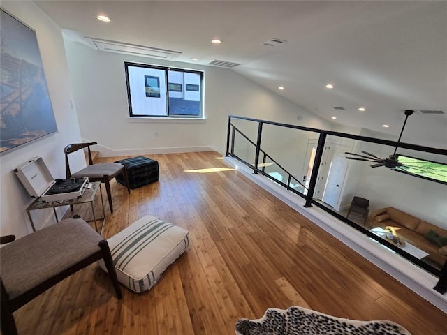5305 Grover Ave Unit 2, Austin, TX 78756 - living area featuring attic access, light wood-style floors, lofted ceiling, recessed lighting, and a ceiling fan