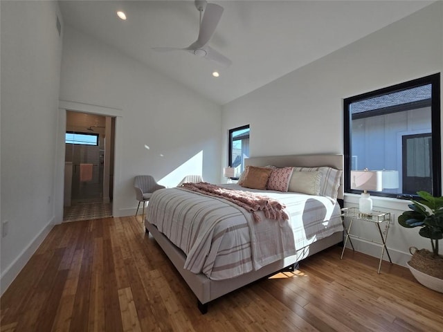 5305 Grover Ave Unit 2, Austin, TX 78756 - bedroom featuring hardwood / wood-style flooring, high vaulted ceiling, recessed lighting, and ceiling fan