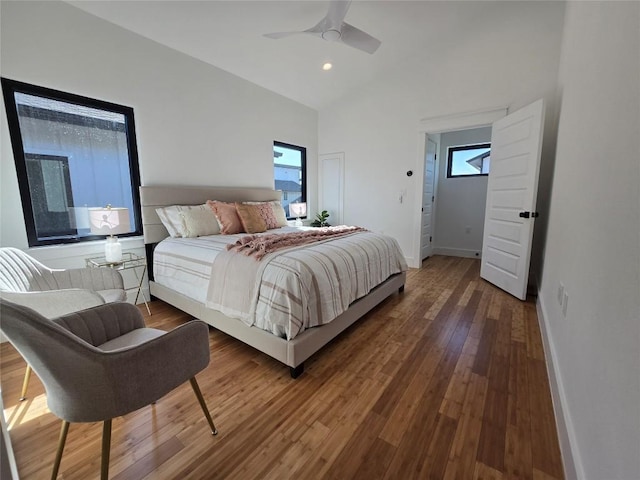 5305 Grover Ave Unit 2, Austin, TX 78756 - bedroom with multiple windows, wood finished floors, lofted ceiling, ceiling fan, and recessed lighting