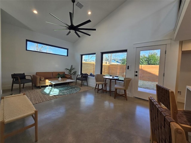5305 Grover Ave Unit 2, Austin, TX 78756 - living area with concrete flooring, high vaulted ceiling, ceiling fan, and recessed lighting