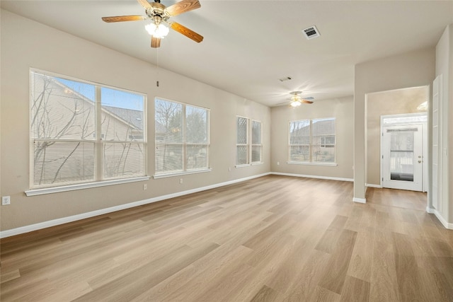 unfurnished living room with visible vents, light wood-type flooring, a ceiling fan, and baseboards