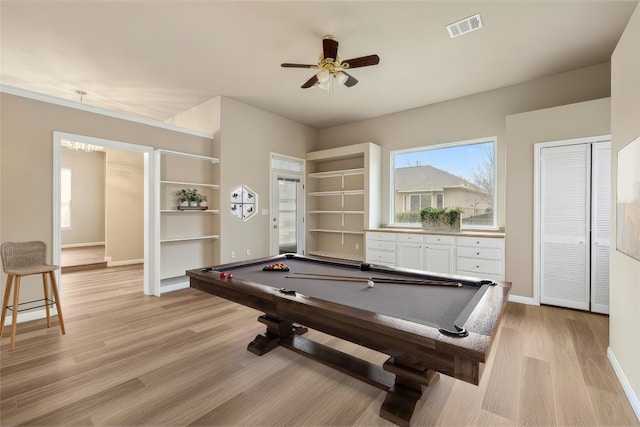 rec room with light wood finished floors, billiards, baseboards, visible vents, and ceiling fan