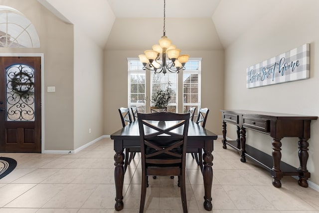 430 Archstone Loop, Belton, TX 76513 - dining room with a chandelier, baseboards, vaulted ceiling, and light tile patterned floors