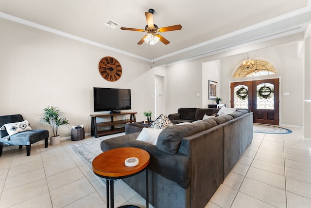430 Archstone Loop, Belton, TX 76513 - living area featuring light tile patterned floors, a ceiling fan, crown molding, and baseboards