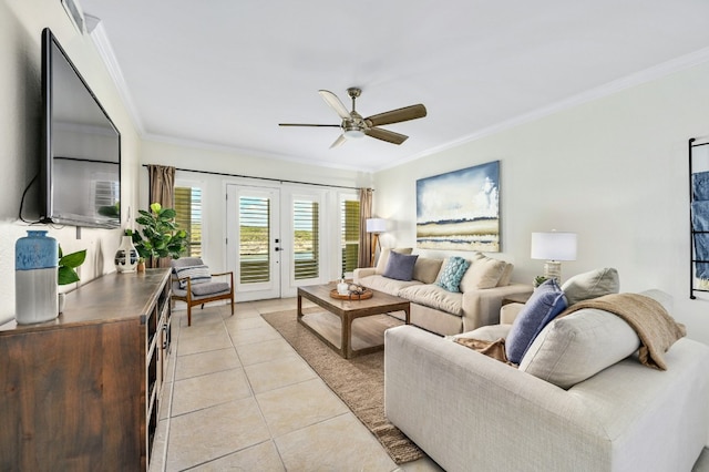 living room featuring a ceiling fan, french doors, light tile patterned flooring, and crown molding