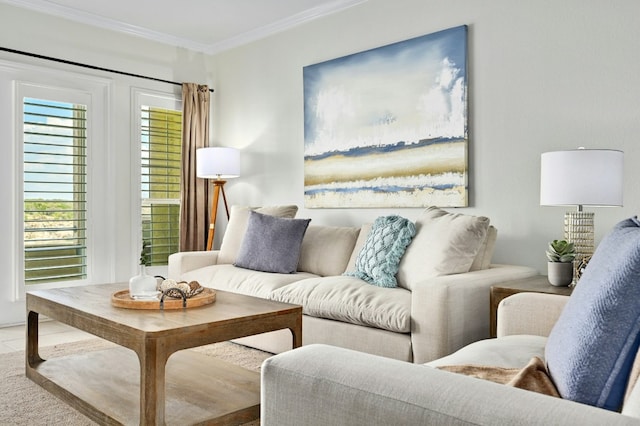 living area with crown molding