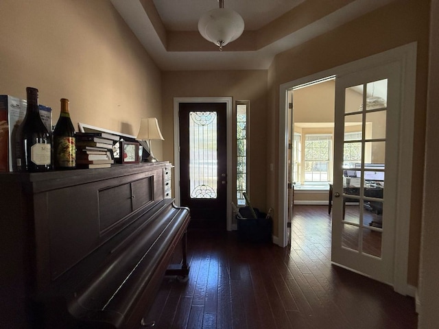 foyer entrance with a tray ceiling, french doors, and dark wood finished floors