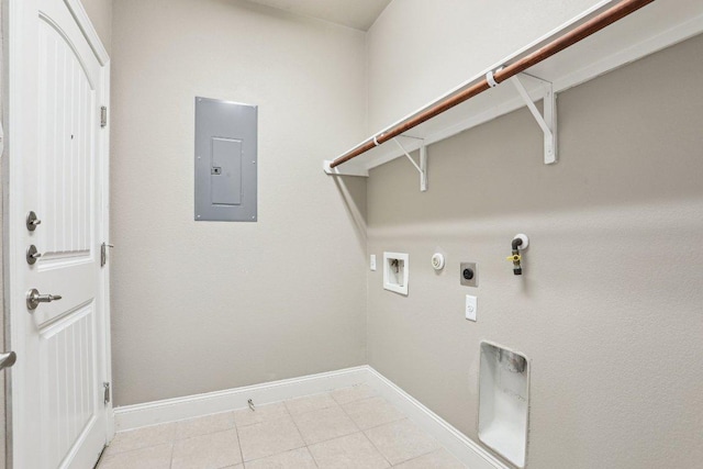 laundry area with hookup for a washing machine, hookup for a gas dryer, electric dryer hookup, laundry area, and electric panel