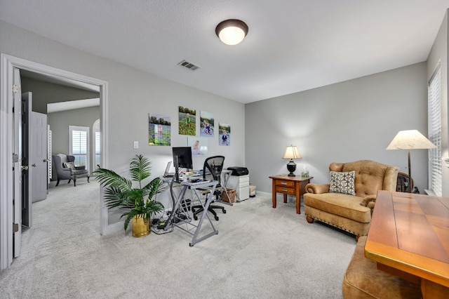 office featuring carpet floors, visible vents, and baseboards