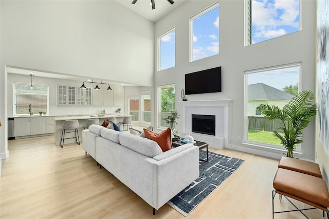 living area featuring a brick fireplace, baseboards, and light wood finished floors