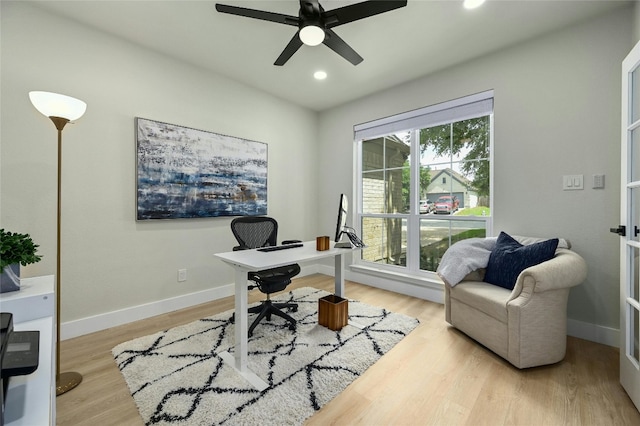 office featuring ceiling fan, recessed lighting, wood finished floors, and baseboards