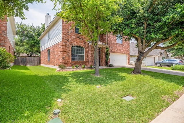 view of front of house with brick siding, a chimney, fence, a garage, and a front lawn