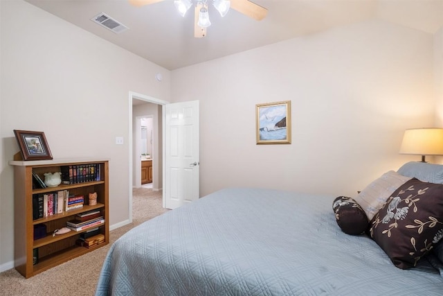 carpeted bedroom with ceiling fan, visible vents, and baseboards