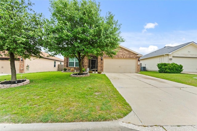 view of front of property featuring brick siding, an attached garage, central AC unit, driveway, and a front lawn