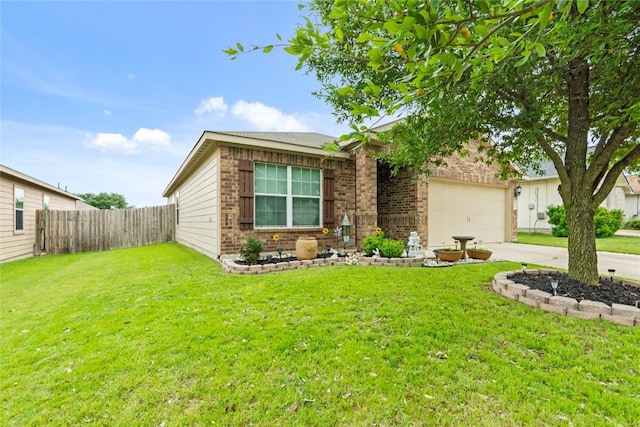 ranch-style home featuring a garage, brick siding, fence, driveway, and a front yard