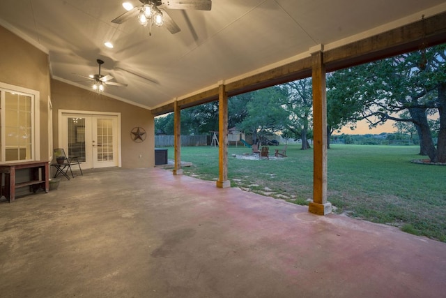 view of patio / terrace with french doors, fence, and a ceiling fan