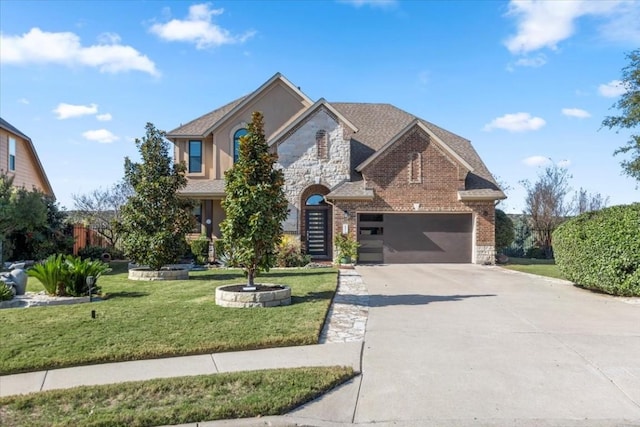 view of front of property featuring brick siding, stone siding, concrete driveway, roof with shingles, and a front lawn