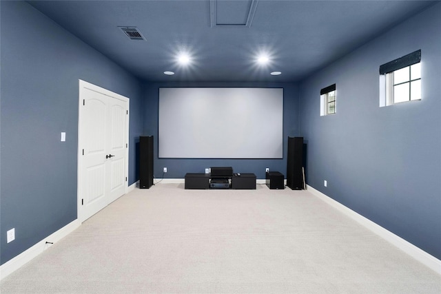 carpeted home theater featuring recessed lighting, visible vents, and baseboards