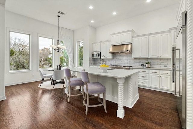 kitchen with visible vents, backsplash, white cabinetry, and under cabinet range hood