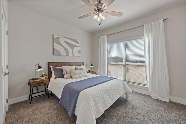 bedroom featuring carpet, ceiling fan, and baseboards