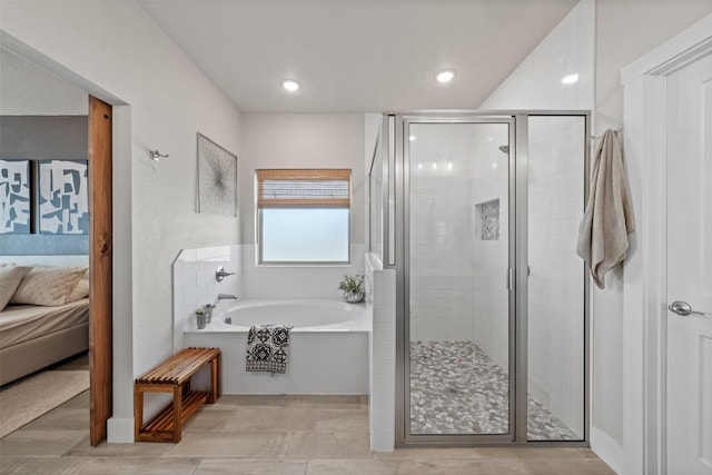 full bathroom featuring a stall shower, connected bathroom, recessed lighting, and a bath