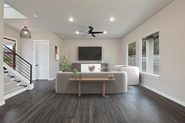 18200 Fair Ln, Jonestown, TX 78645 - living room featuring baseboards, stairway, a ceiling fan, wood finished floors, and recessed lighting
