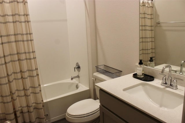 full bath with toilet, shower / bathtub combination with curtain, and vanity