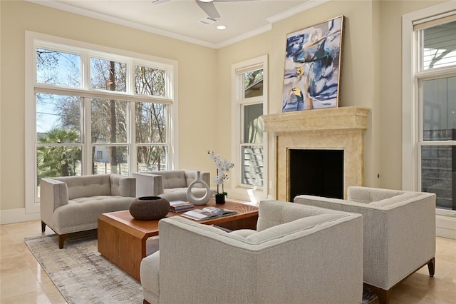 living room with recessed lighting, a fireplace, a ceiling fan, visible vents, and crown molding