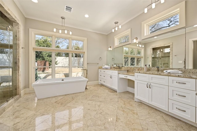 full bathroom with crown molding, a shower stall, visible vents, and baseboards