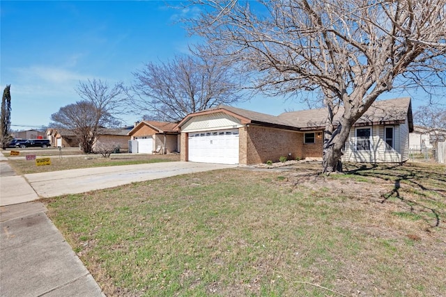 single story home featuring brick siding, fence, a garage, driveway, and a front lawn