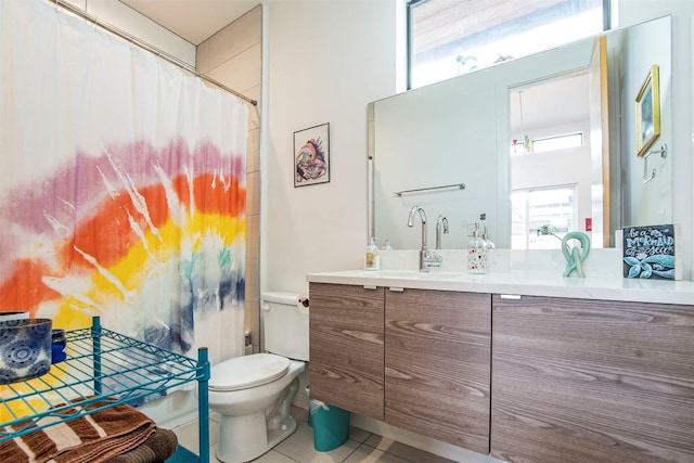 full bath with toilet, tile patterned flooring, a shower with shower curtain, and vanity