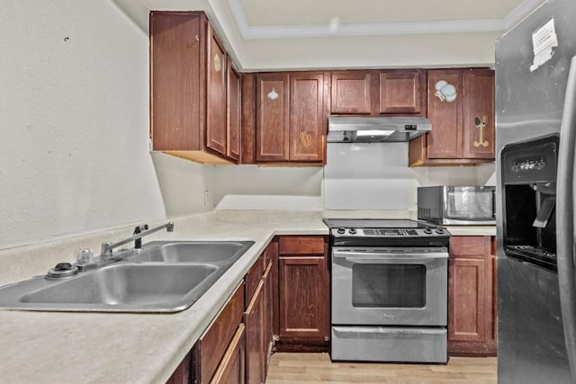 kitchen with appliances with stainless steel finishes, crown molding, a sink, and under cabinet range hood