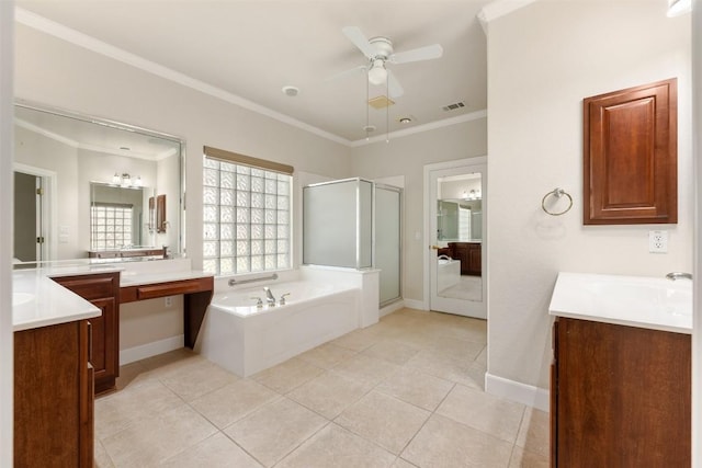 bathroom with crown molding, visible vents, a stall shower, a sink, and a bath