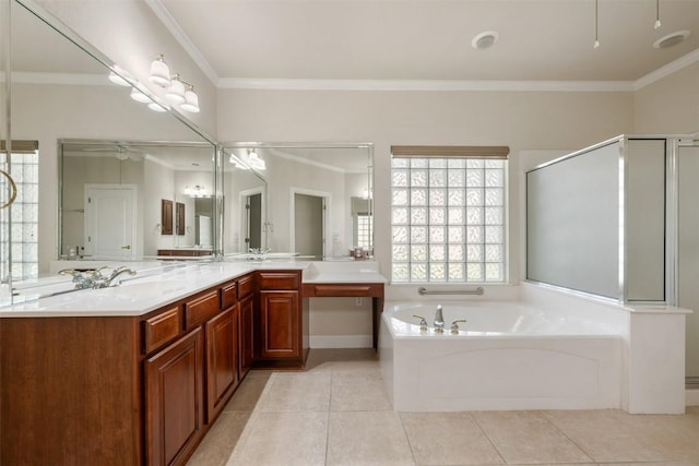 full bath featuring ornamental molding, a shower stall, vanity, tile patterned flooring, and a bath