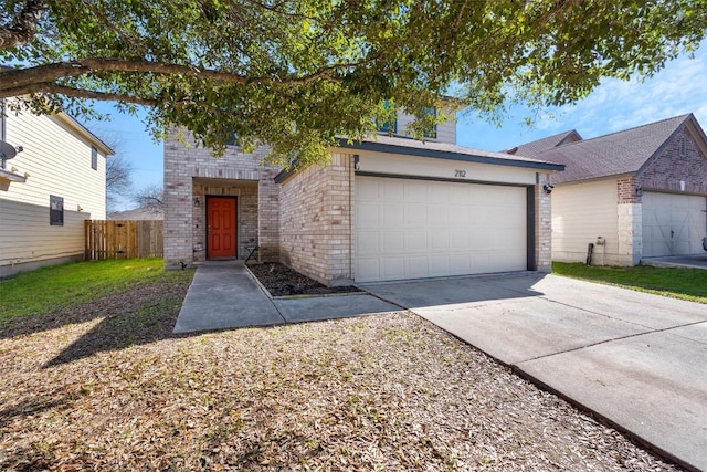 view of front of home featuring a garage, brick siding, fence, and driveway