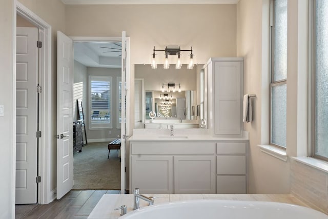 bathroom with a tub to relax in, baseboards, ceiling fan, a tray ceiling, and vanity