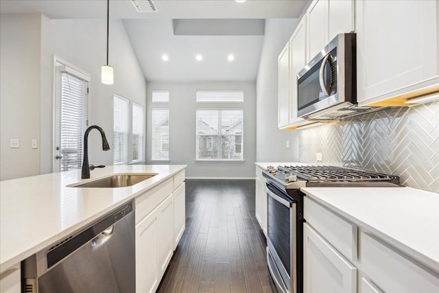 10204 Jacksboro Trl, Austin, TX 78717 - kitchen with appliances with stainless steel finishes, a sink, backsplash, dark wood-style flooring, and light countertops