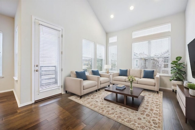 10204 Jacksboro Trl, Austin, TX 78717 - living room with dark wood-style floors, high vaulted ceiling, recessed lighting, and baseboards