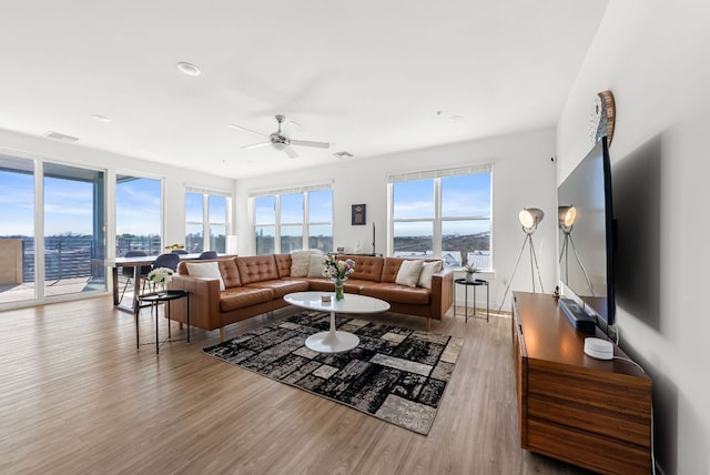 living area with a ceiling fan, visible vents, and wood finished floors