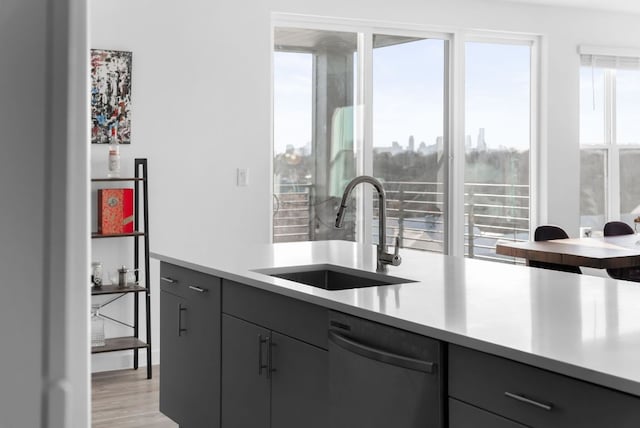 kitchen featuring a sink, light wood-style floors, light countertops, and stainless steel dishwasher