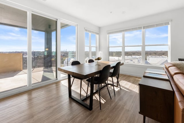 dining area featuring a view of city, wood finished floors, and baseboards