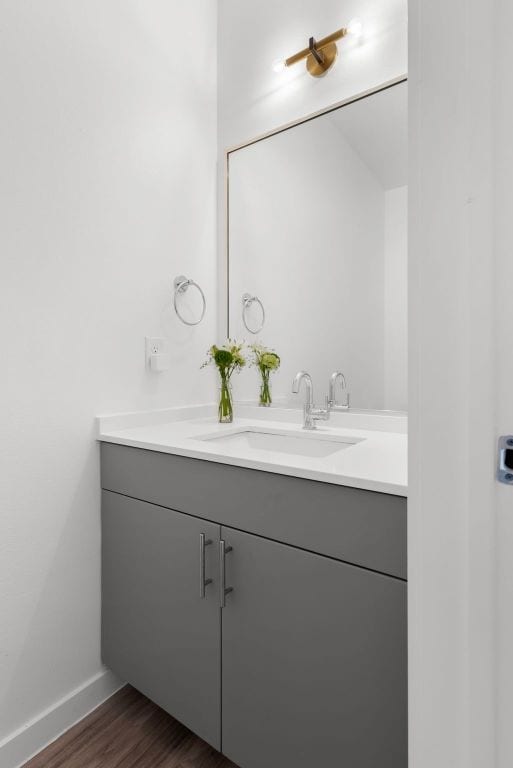 bathroom featuring wood finished floors, vanity, and baseboards