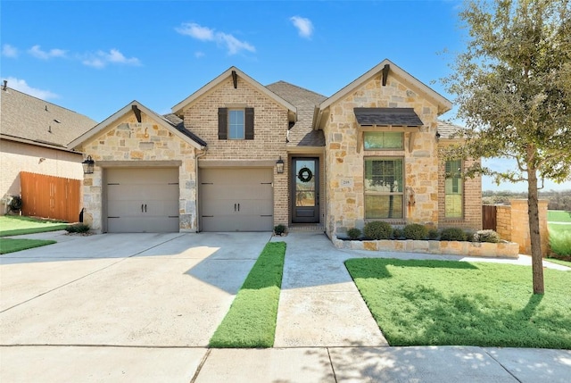 view of front of home with a garage, brick siding, concrete driveway, fence, and a front yard