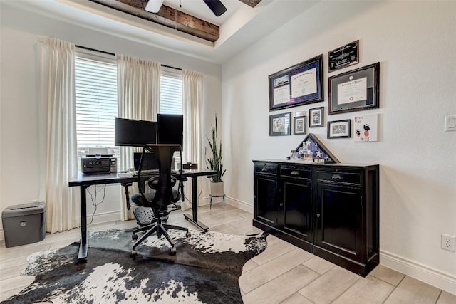 office space featuring wood tiled floor, baseboards, and ceiling fan